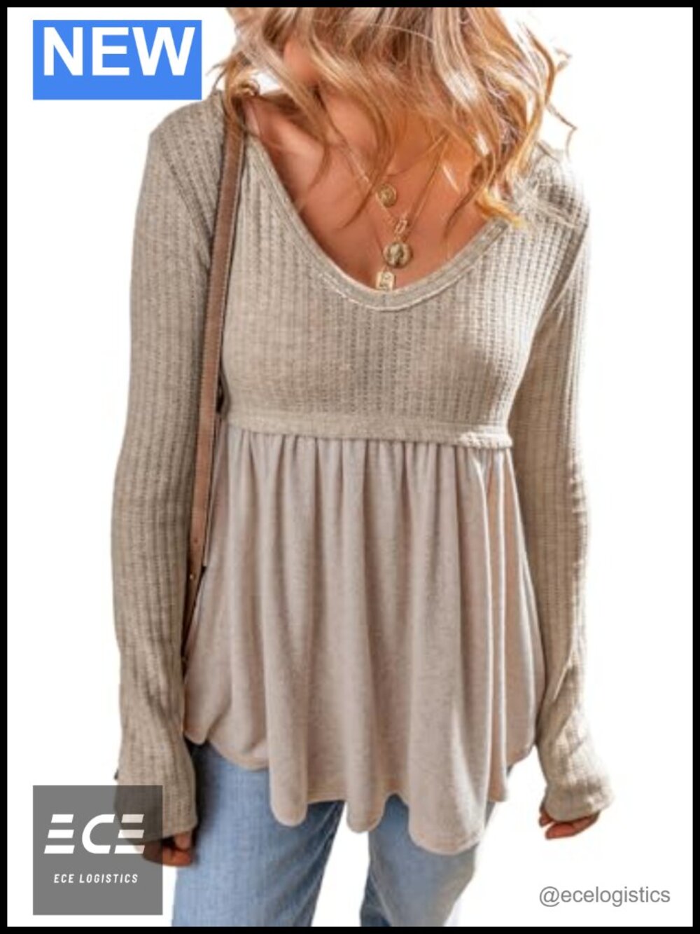 Women's Long Sleeve V Neck Babydoll Tunic Top Textured Casual T-Shirt